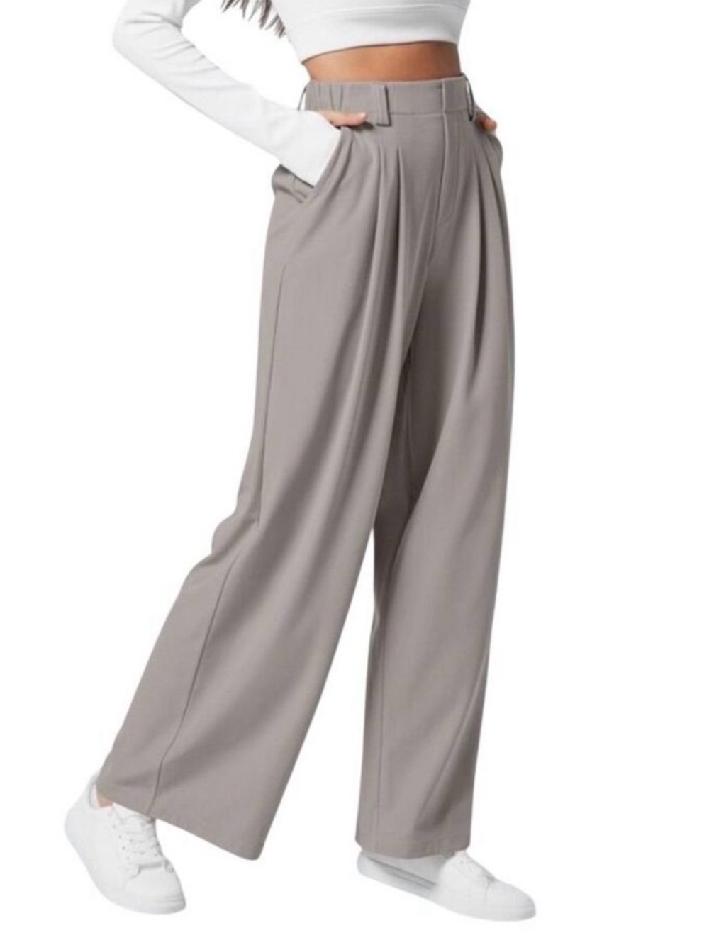Halara NEW Tall Flex Waffle Knit High Waisted Pocket Wide Leg Work Pants Gray M